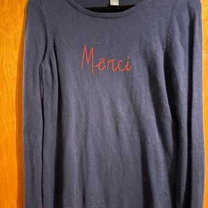 Old Navy Navy Blue Sweater with Red Merci Embroidery